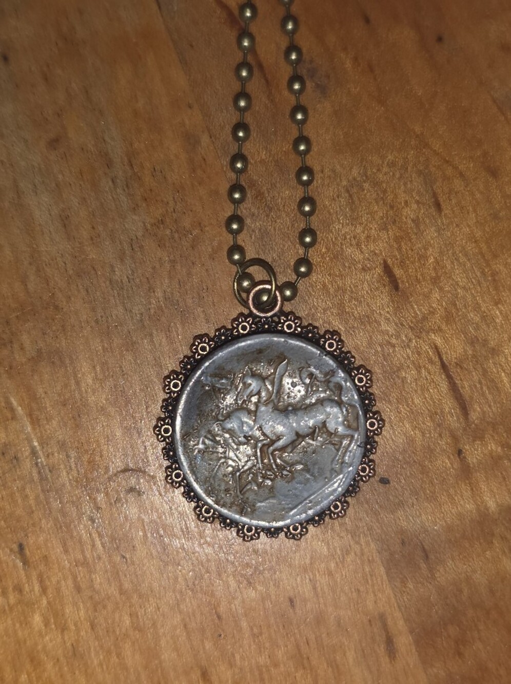 Horse Scene In Round Bronzed Handpainted Pendant W Bronze Tone Chain Necklace